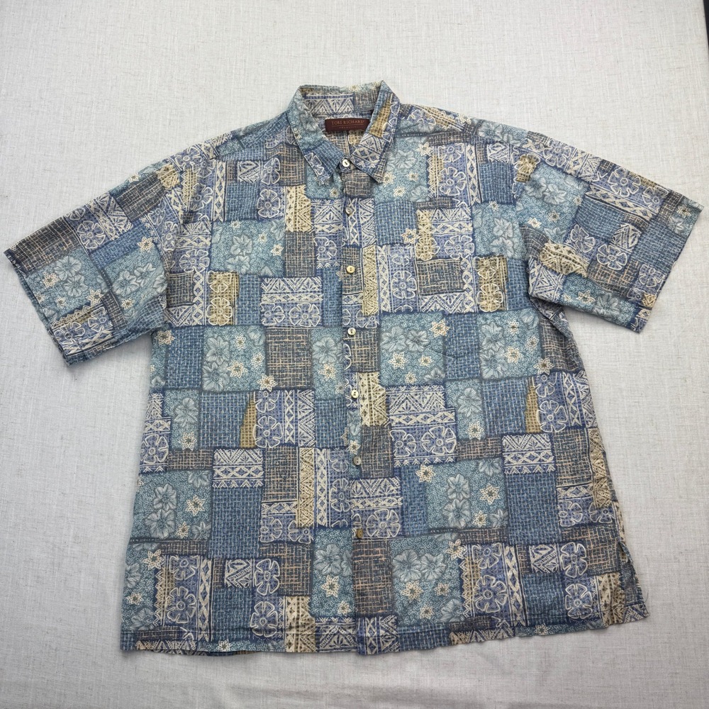 VTG Tori Richard Button Down Men XL Blue Patchwork Floral Cotton Lawn 90s Aloha